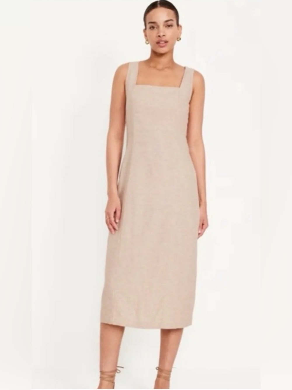 Old Navy minimalist Square Neck smocked  Linen Dress  Neutral Beach Travel  Sz M